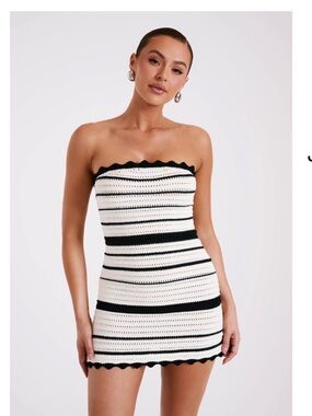 Meshki Black & White Striped Strapless Knit Mini Dress
